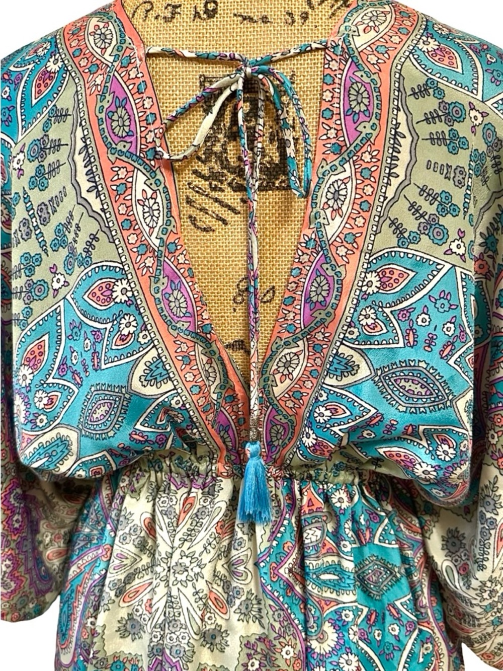 Festival Boho Paisley SHORT KIMONO STYLE DRESS - Teal Multi - OS - 70% SILK - Picture 12 of 17
